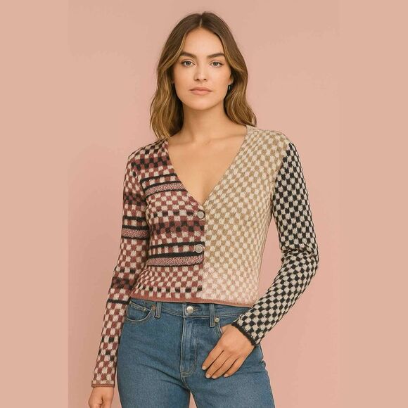 Free People Wool Blend Checkered Women's Long Sleeve Cropped Button Up Sweater - Picture 1 of 5